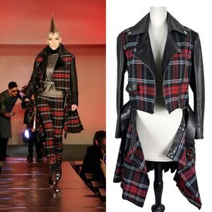Jean Paul Gaultier Fall 2014 Plaid Wool Leather Moto Jacket & Pleated Skirt IT40
